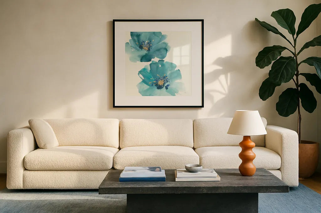 Teal Cosmos III by Chris Paschke. Displayed in a glass frame with matte in a clean modern living room. Available as an archival giclee rolled canvas, fine art paper, or poster print. SKU 34006a.