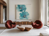 Teal Cosmos III by Chris Paschke. Shown as extra-large giant wall art in a modern living room. Available as an archival giclee rolled canvas, fine art paper, or poster print. SKU 34006a.