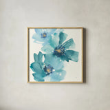 Teal Cosmos IV by Chris Paschke. Shown in a natural wood glass frame for a timeless modern aesthetic. Available as an archival giclee rolled canvas, fine art paper, or poster print. SKU 34007a.
