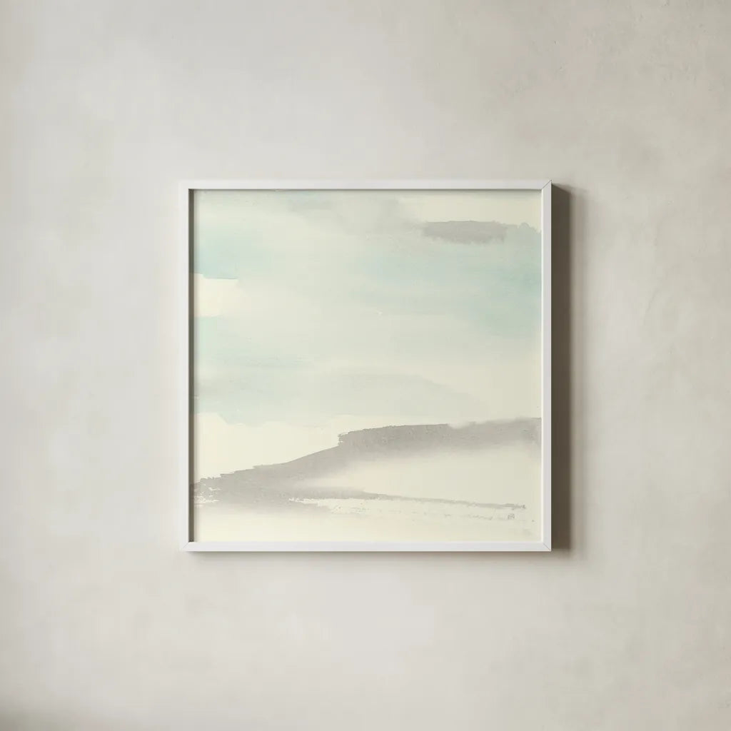 Teal Sky II by Chris Paschke. Shown in a crisp white glass frame for a clean and minimalist style. Available as an archival giclee rolled canvas, fine art paper, or poster print. SKU 44539a.
