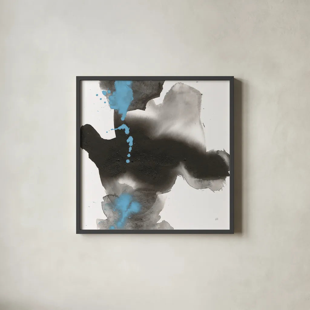 Teal and Ink I by Chris Paschke. Shown in a sleek black glass frame for a contemporary gallery look. Available as an archival giclee rolled canvas, fine art paper, or poster print. SKU 99884a.