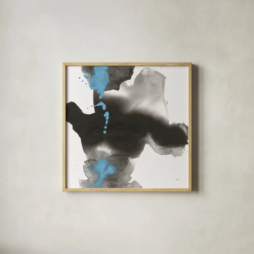 Teal and Ink I by Chris Paschke. Shown in a natural wood glass frame for a timeless modern aesthetic. Available as an archival giclee rolled canvas, fine art paper, or poster print. SKU 99884a.