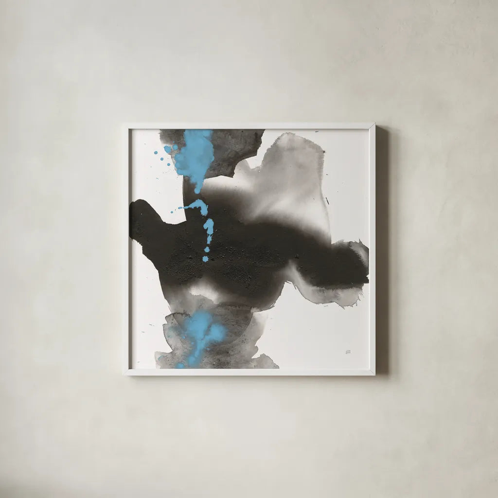 Teal and Ink I by Chris Paschke. Shown in a crisp white glass frame for a clean and minimalist style. Available as an archival giclee rolled canvas, fine art paper, or poster print. SKU 99884a.