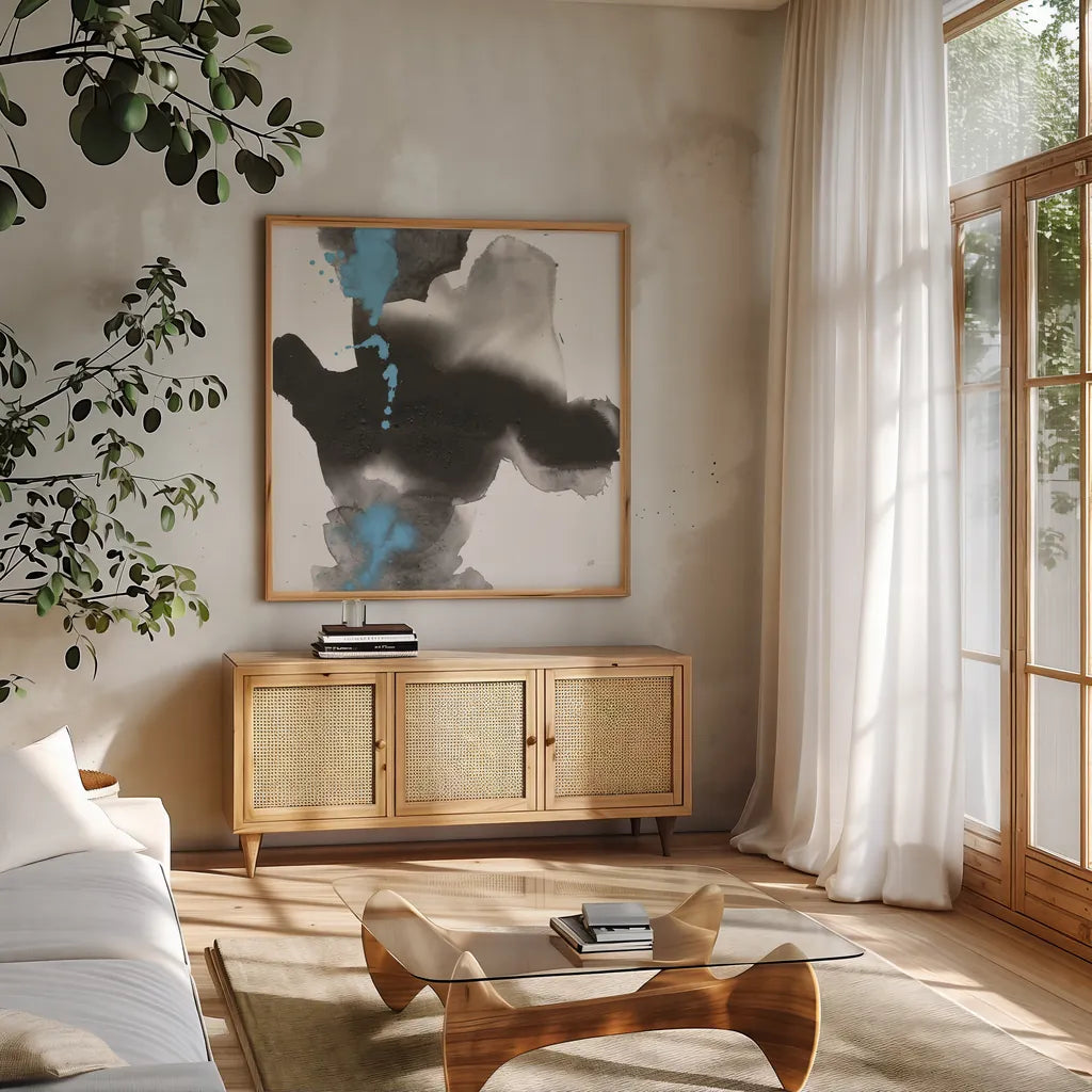 Teal and Ink I by Chris Paschke. Shown in a natural wood frame in a cozy modern living room. Available as an archival giclee rolled canvas, fine art paper, or poster print. SKU 99884a.