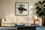 Teal and Ink I by Chris Paschke. Displayed in a glass frame with matte in a clean modern living room. Available as an archival giclee rolled canvas, fine art paper, or poster print. SKU 99884a.