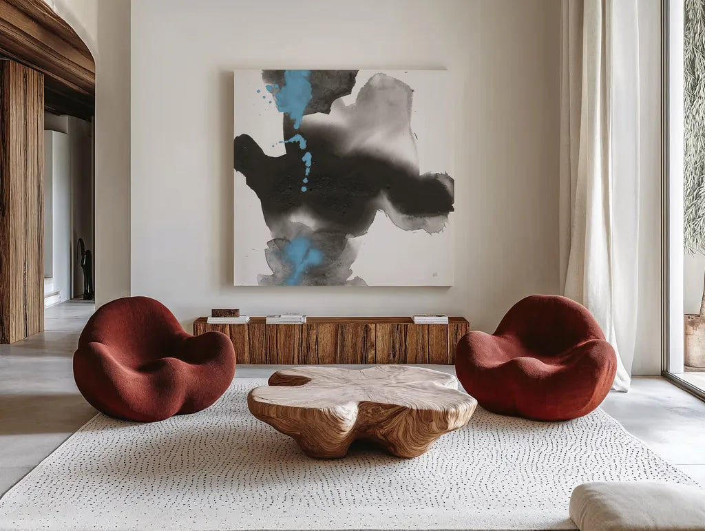 Teal and Ink I by Chris Paschke. Shown as extra-large giant wall art in a modern living room. Available as an archival giclee rolled canvas, fine art paper, or poster print. SKU 99884a.