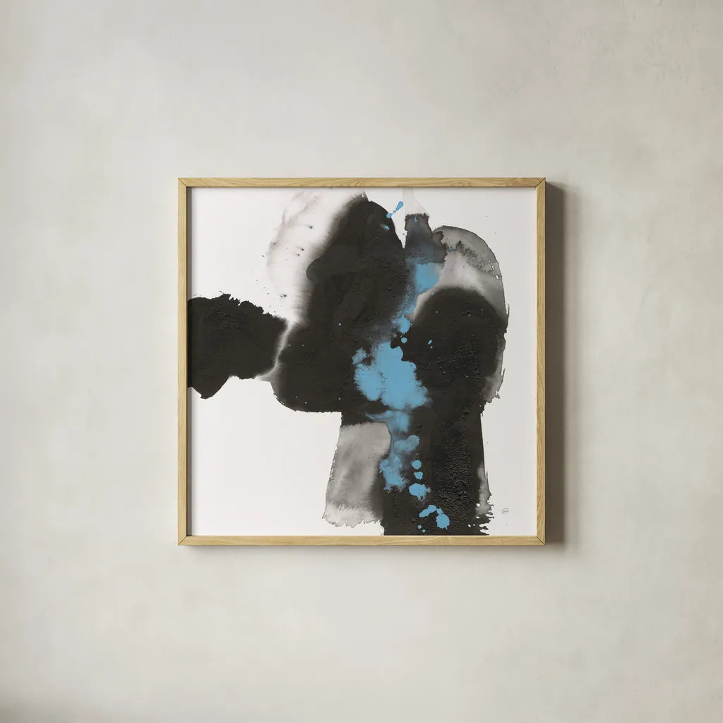 Teal and Ink II by Chris Paschke. Shown in a natural wood glass frame for a timeless modern aesthetic. Available as an archival giclee rolled canvas, fine art paper, or poster print. SKU 99885a.