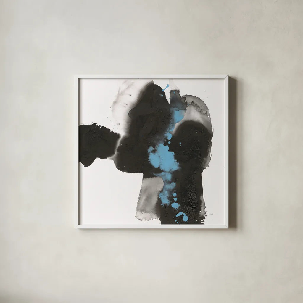 Teal and Ink II by Chris Paschke. Shown in a crisp white glass frame for a clean and minimalist style. Available as an archival giclee rolled canvas, fine art paper, or poster print. SKU 99885a.