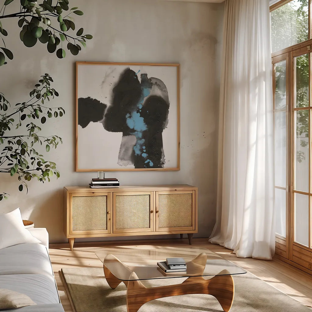 Teal and Ink II by Chris Paschke. Shown in a natural wood frame in a cozy modern living room. Available as an archival giclee rolled canvas, fine art paper, or poster print. SKU 99885a.