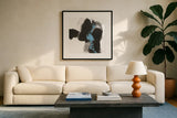 Teal and Ink II by Chris Paschke. Displayed in a glass frame with matte in a clean modern living room. Available as an archival giclee rolled canvas, fine art paper, or poster print. SKU 99885a.