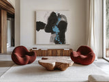 Teal and Ink II by Chris Paschke. Shown as extra-large giant wall art in a modern living room. Available as an archival giclee rolled canvas, fine art paper, or poster print. SKU 99885a.