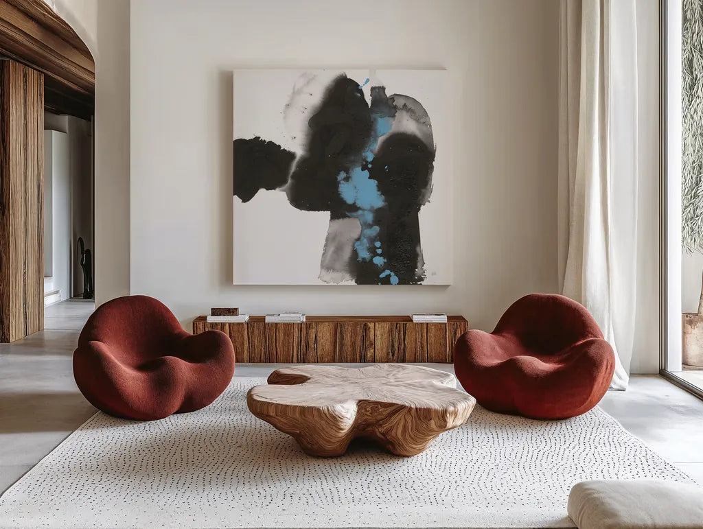 Teal and Ink II by Chris Paschke. Shown as extra-large giant wall art in a modern living room. Available as an archival giclee rolled canvas, fine art paper, or poster print. SKU 99885a.