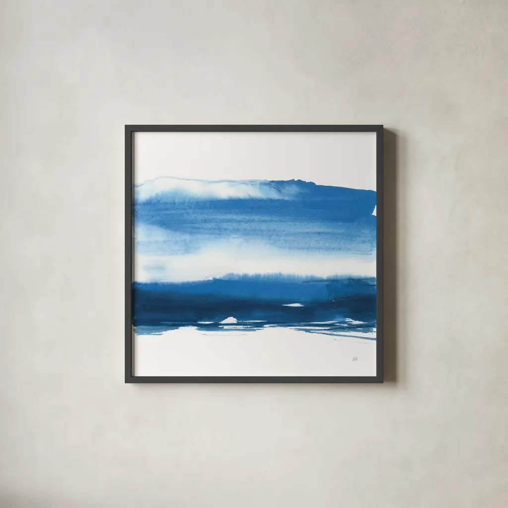 Teal and Navy I by Chris Paschke. Shown in a sleek black glass frame for a contemporary gallery look. Available as an archival giclee rolled canvas, fine art paper, or poster print. SKU 81049a.