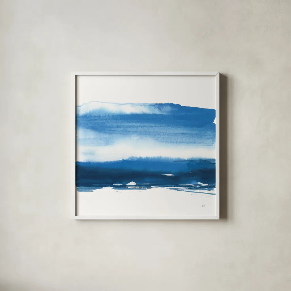 Teal and Navy I by Chris Paschke. Shown in a crisp white glass frame for a clean and minimalist style. Available as an archival giclee rolled canvas, fine art paper, or poster print. SKU 81049a.