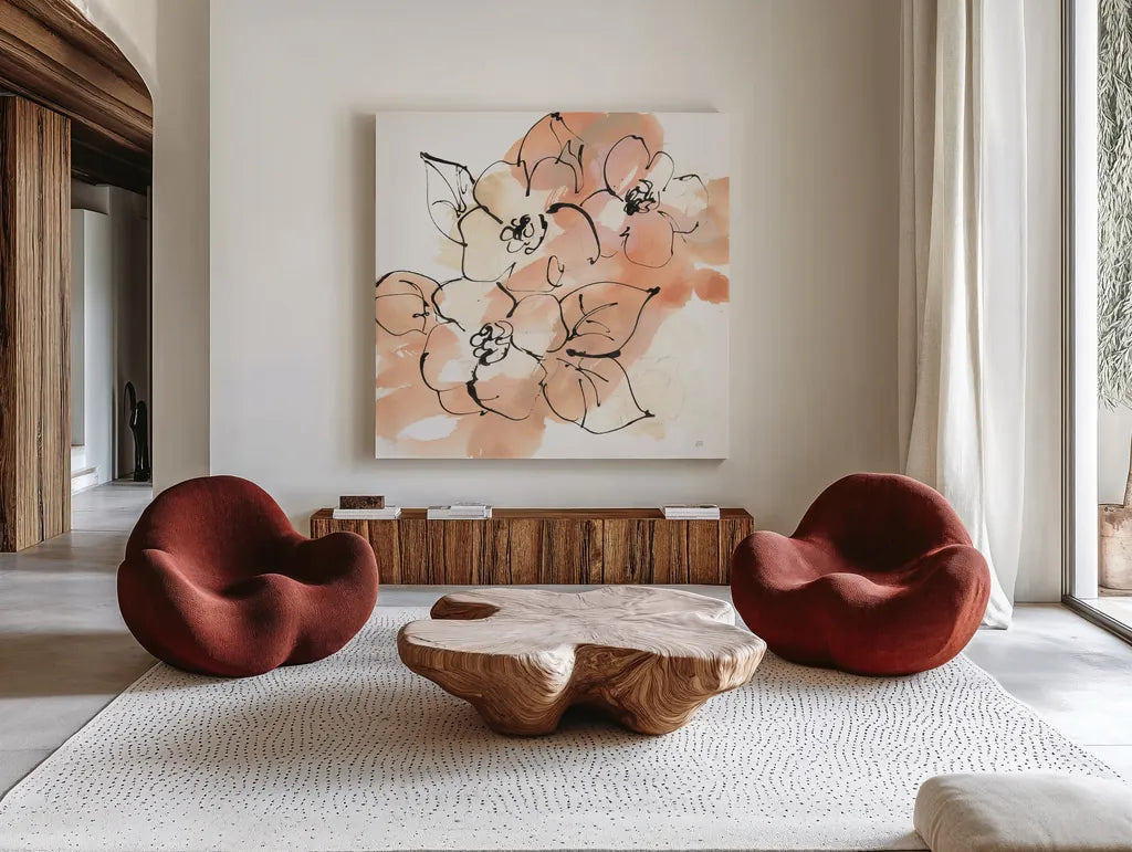 Terracotta Neutrals I by Chris Paschke. Shown as extra-large giant wall art in a modern living room. Available as an archival giclee rolled canvas, fine art paper, or poster print. SKU 70655a.