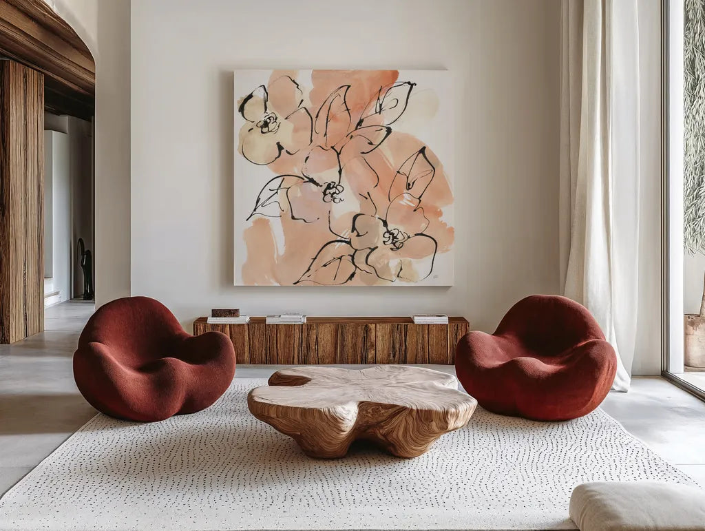 Terracotta Neutrals II by Chris Paschke. Shown as extra-large giant wall art in a modern living room. Available as an archival giclee rolled canvas, fine art paper, or poster print. SKU 70656a.