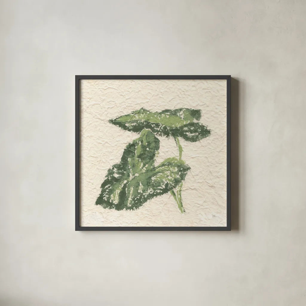Textile Leaves I by Chris Paschke. Shown in a sleek black glass frame for a contemporary gallery look. Available as an archival giclee rolled canvas, fine art paper, or poster print. SKU 94411a.
