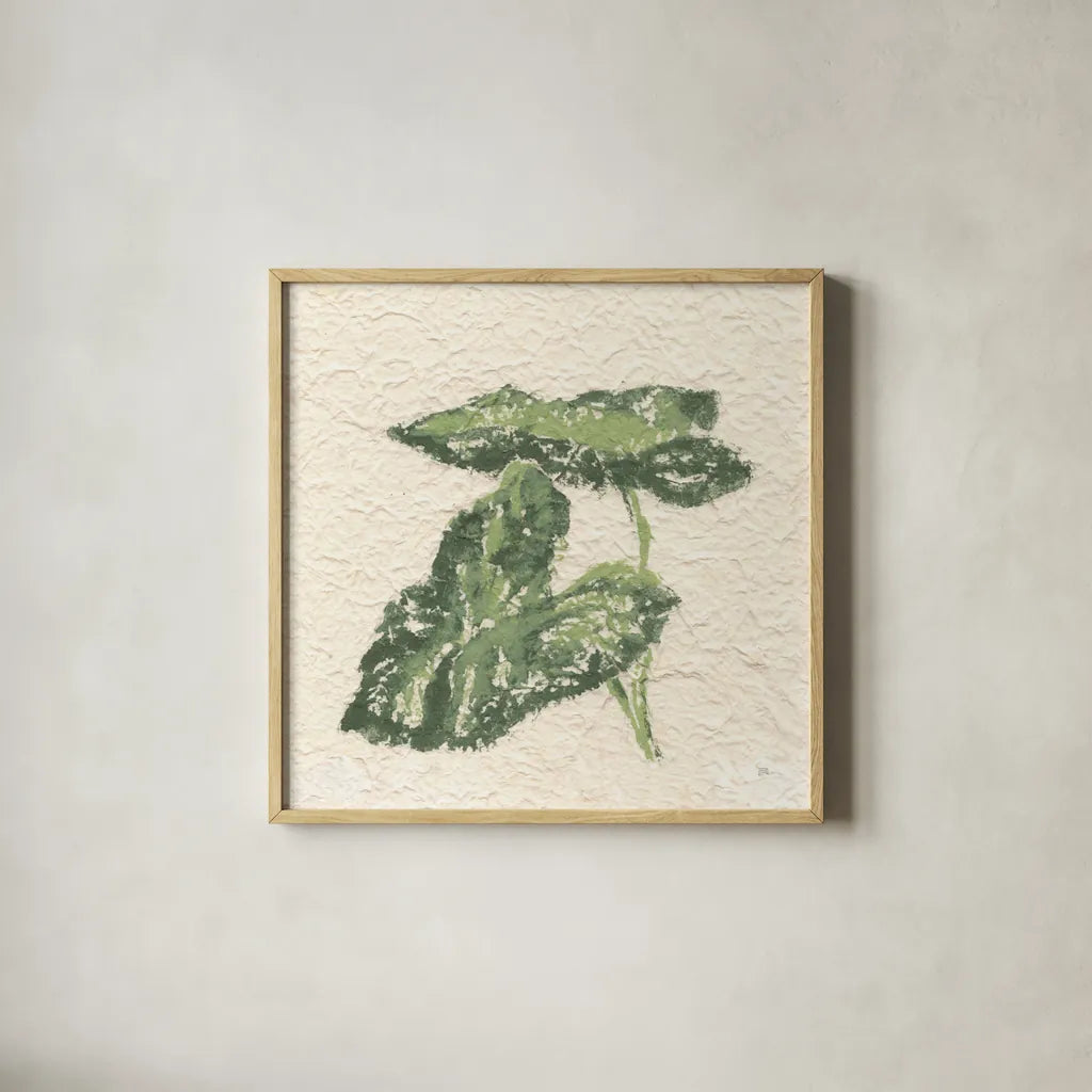 Textile Leaves I by Chris Paschke. Shown in a natural wood glass frame for a timeless modern aesthetic. Available as an archival giclee rolled canvas, fine art paper, or poster print. SKU 94411a.