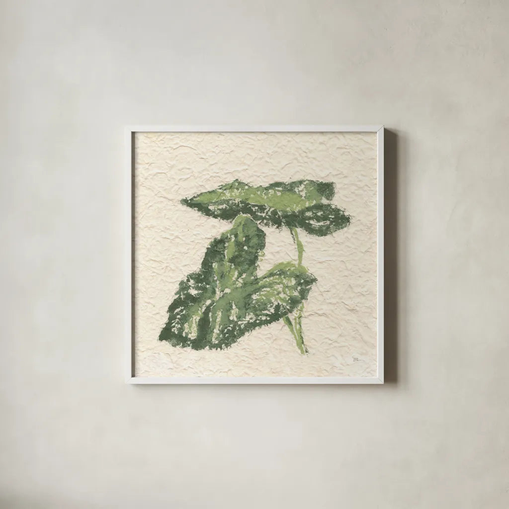 Textile Leaves I by Chris Paschke. Shown in a crisp white glass frame for a clean and minimalist style. Available as an archival giclee rolled canvas, fine art paper, or poster print. SKU 94411a.