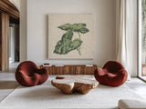 Textile Leaves I by Chris Paschke. Shown as extra-large giant wall art in a modern living room. Available as an archival giclee rolled canvas, fine art paper, or poster print. SKU 94411a.