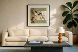 Textile Plum Harmony by Chris Paschke. Displayed in a glass frame with matte in a clean modern living room. Available as an archival giclee rolled canvas, fine art paper, or poster print. SKU 39135a.
