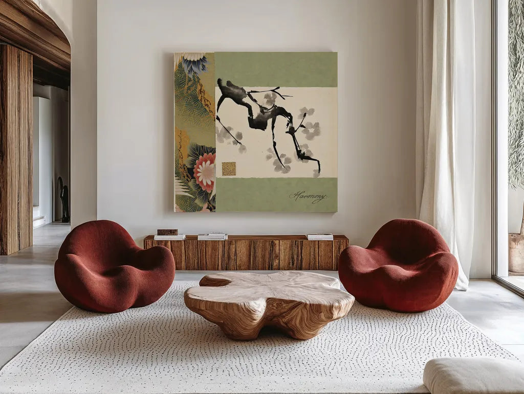 Textile Plum Harmony by Chris Paschke. Shown as extra-large giant wall art in a modern living room. Available as an archival giclee rolled canvas, fine art paper, or poster print. SKU 39135a.