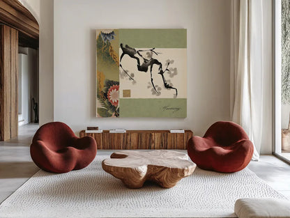 Textile Plum Harmony by Chris Paschke. Shown as extra-large giant wall art in a modern living room. Available as an archival giclee rolled canvas, fine art paper, or poster print. SKU 39135a.