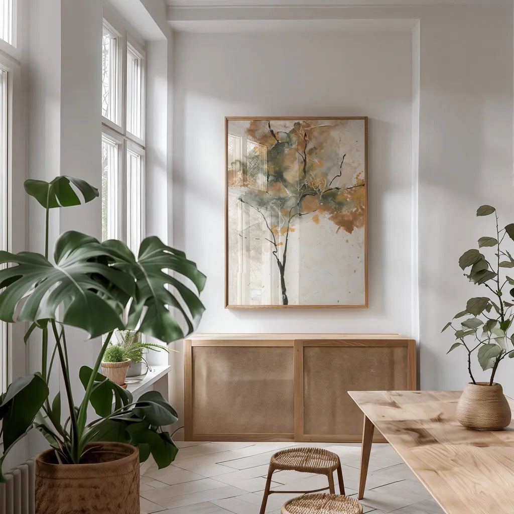 Textural Trees I by Chris Paschke. shown as a print in a natural wood frame in a dining room. Available as a archival giclee rolled canvas, fine art paper, or poster print. SKU 88338h.