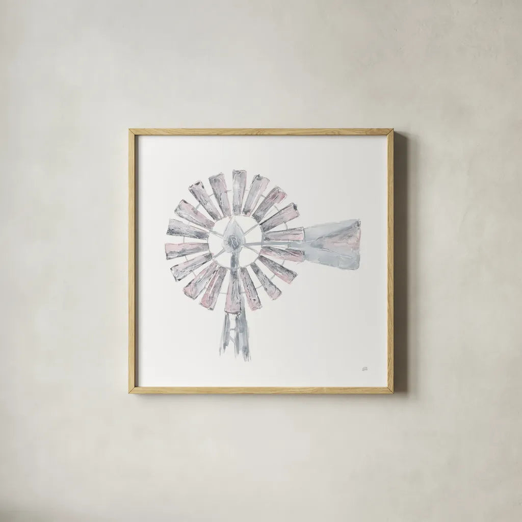 Textural Windmill I by Chris Paschke. Shown in a natural wood glass frame for a timeless modern aesthetic. Available as an archival giclee rolled canvas, fine art paper, or poster print. SKU 76334a.
