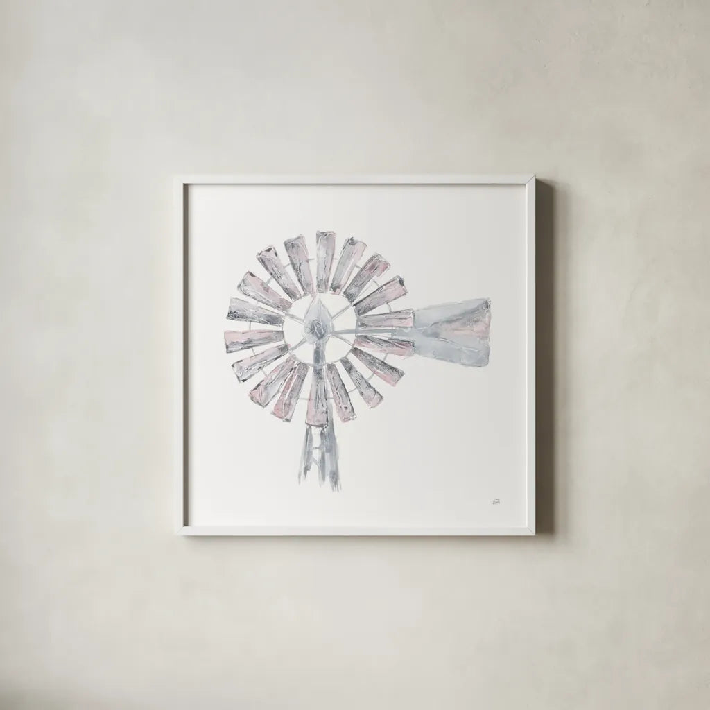 Textural Windmill I by Chris Paschke. Shown in a crisp white glass frame for a clean and minimalist style. Available as an archival giclee rolled canvas, fine art paper, or poster print. SKU 76334a.