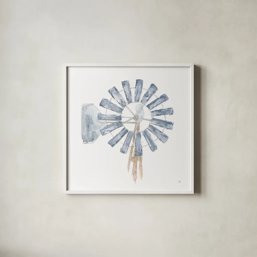 Textural Windmill II by Chris Paschke. Shown in a crisp white glass frame for a clean and minimalist style. Available as an archival giclee rolled canvas, fine art paper, or poster print. SKU 76335a.