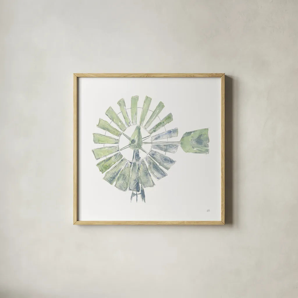 Textural Windmill III by Chris Paschke. Shown in a natural wood glass frame for a timeless modern aesthetic. Available as an archival giclee rolled canvas, fine art paper, or poster print. SKU 76336a.