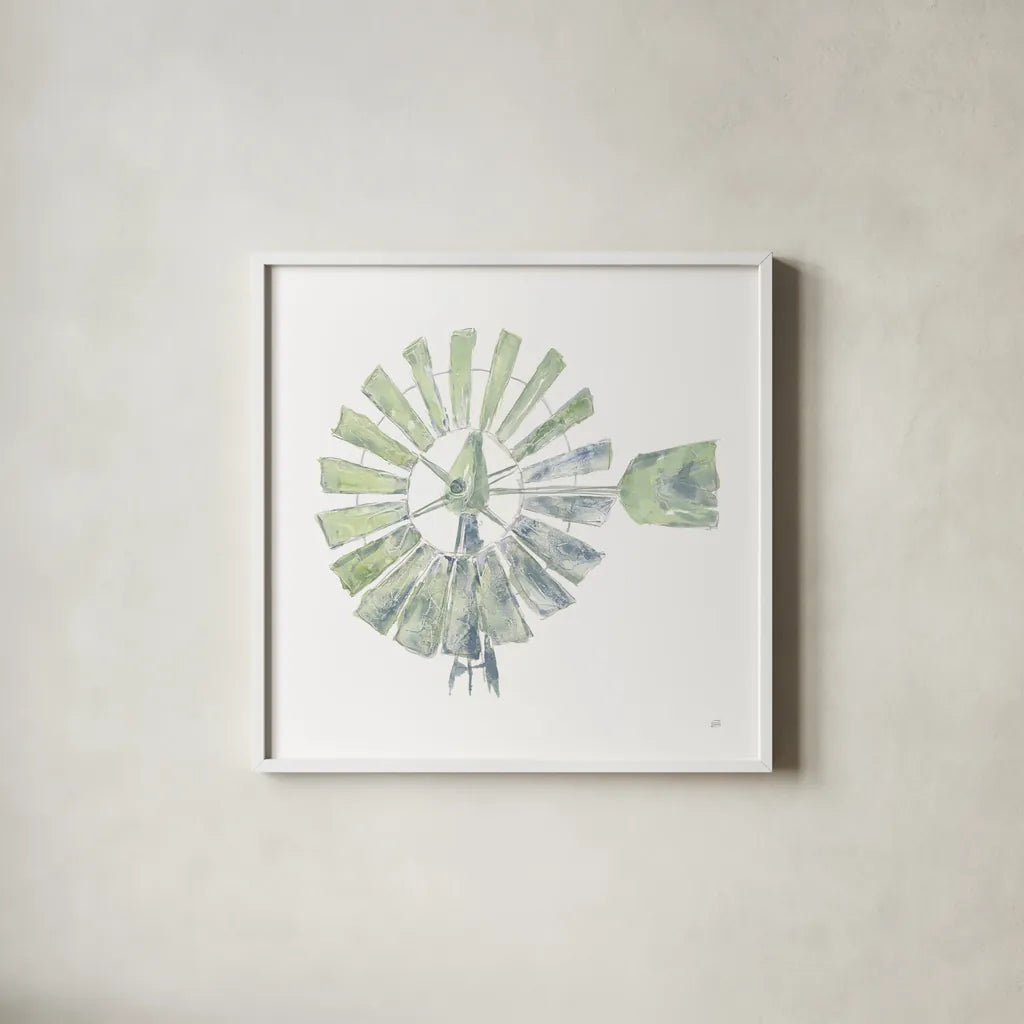Textural Windmill III by Chris Paschke. Shown in a crisp white glass frame for a clean and minimalist style. Available as an archival giclee rolled canvas, fine art paper, or poster print. SKU 76336a.