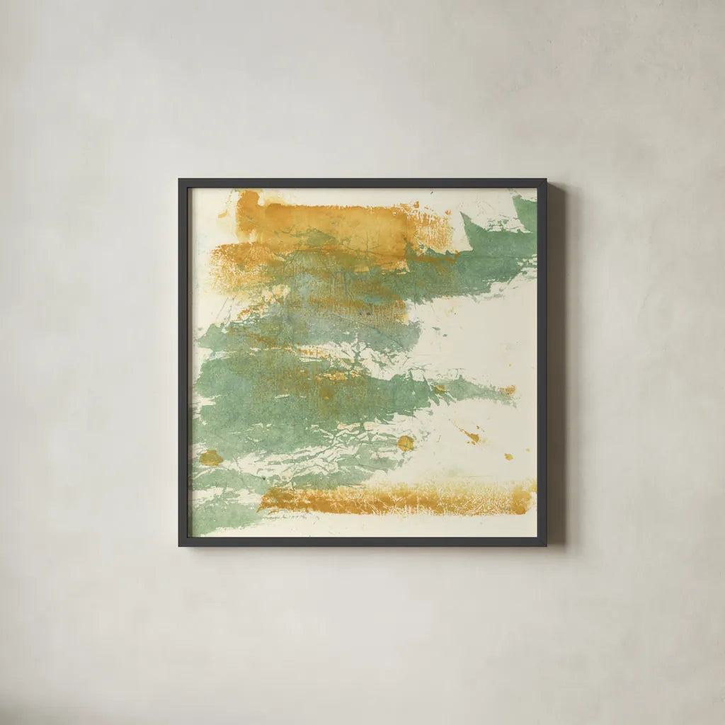 Textured Gold I by Chris Paschke. Shown in a sleek black glass frame for a contemporary gallery look. Available as an archival giclee rolled canvas, fine art paper, or poster print. SKU 37169a.