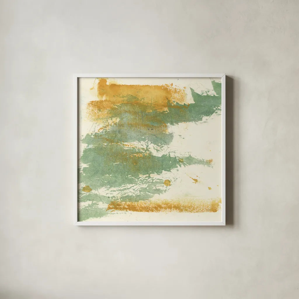 Textured Gold I by Chris Paschke. Shown in a crisp white glass frame for a clean and minimalist style. Available as an archival giclee rolled canvas, fine art paper, or poster print. SKU 37169a.