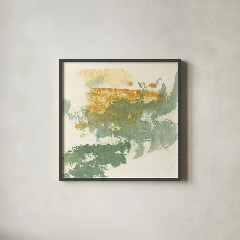 Textured Gold II by Chris Paschke. Shown in a sleek black glass frame for a contemporary gallery look. Available as an archival giclee rolled canvas, fine art paper, or poster print. SKU 37170a.