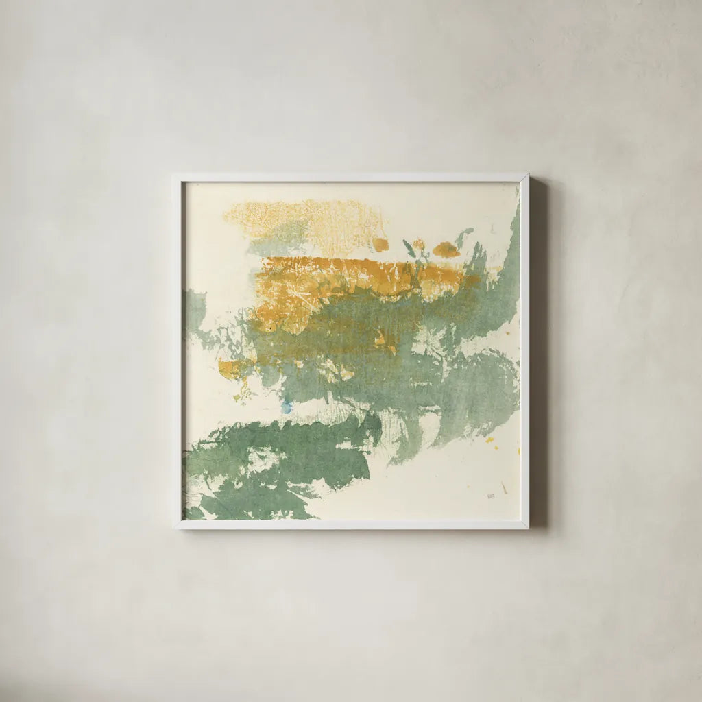 Textured Gold II by Chris Paschke. Shown in a crisp white glass frame for a clean and minimalist style. Available as an archival giclee rolled canvas, fine art paper, or poster print. SKU 37170a.