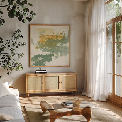 Textured Gold II by Chris Paschke. Shown in a natural wood frame in a cozy modern living room. Available as an archival giclee rolled canvas, fine art paper, or poster print. SKU 37170a.