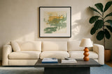 Textured Gold II by Chris Paschke. Displayed in a glass frame with matte in a clean modern living room. Available as an archival giclee rolled canvas, fine art paper, or poster print. SKU 37170a.