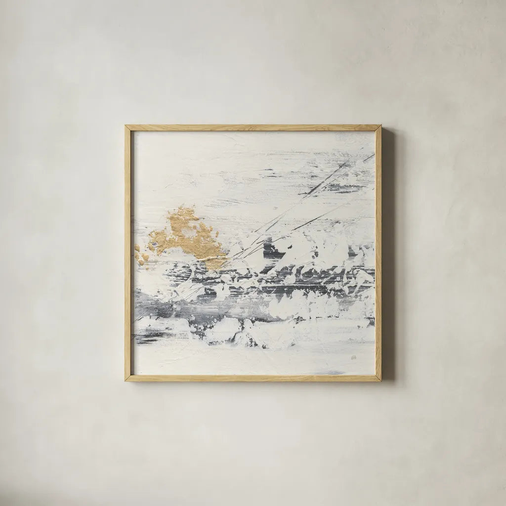 Textured Gold II by Chris Paschke. Shown in a natural wood glass frame for a timeless modern aesthetic. Available as an archival giclee rolled canvas, fine art paper, or poster print. SKU 92174a.