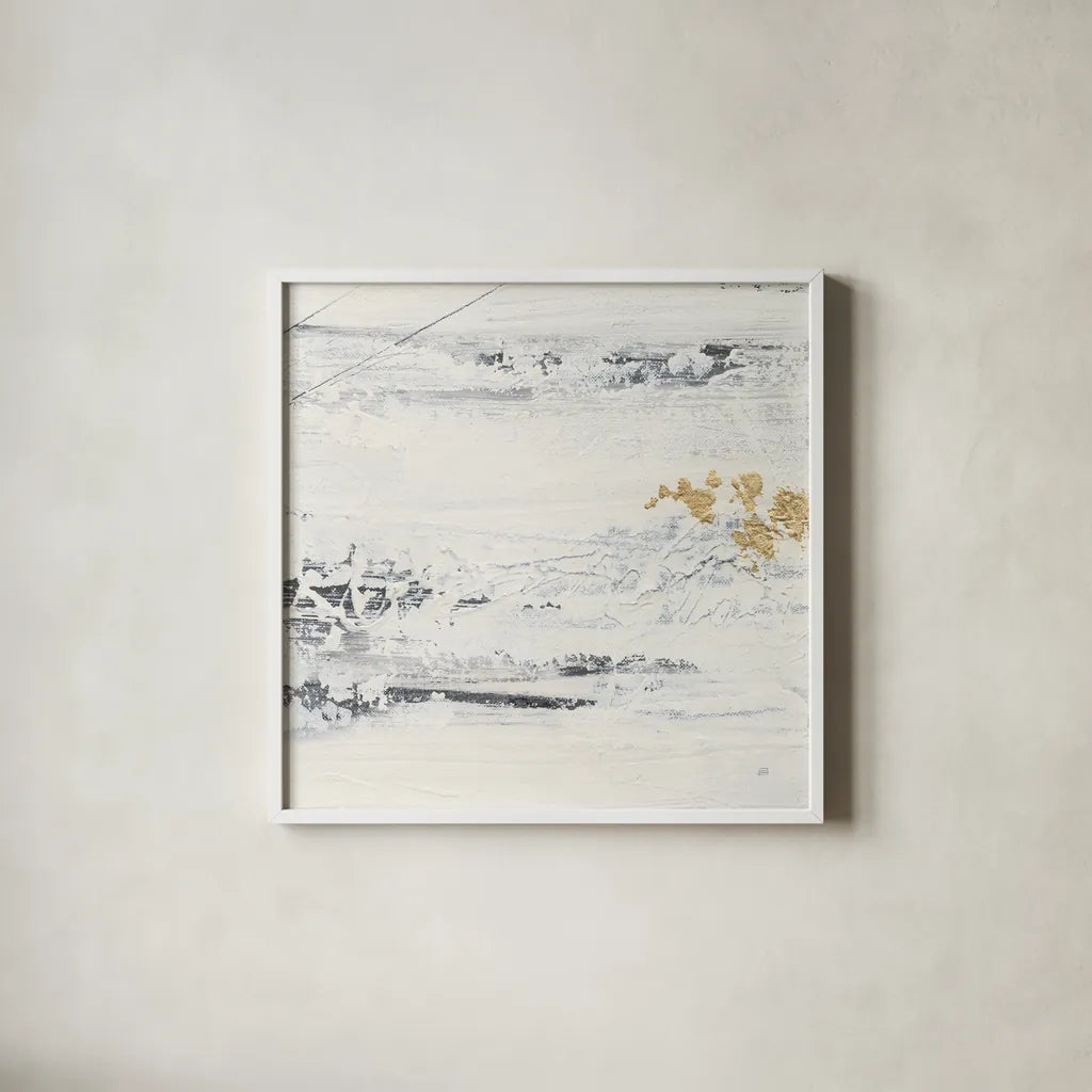 Textured Gold III by Chris Paschke. Shown in a crisp white glass frame for a clean and minimalist style. Available as an archival giclee rolled canvas, fine art paper, or poster print. SKU 92175a.