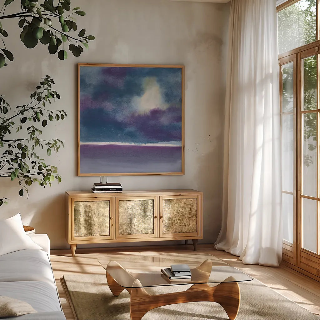 The Clouds I by Chris Paschke. Shown in a natural wood frame in a cozy modern living room. Available as an archival giclee rolled canvas, fine art paper, or poster print. SKU 24074a.