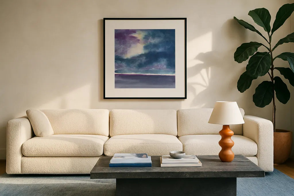 The Clouds II by Chris Paschke. Displayed in a glass frame with matte in a clean modern living room. Available as an archival giclee rolled canvas, fine art paper, or poster print. SKU 24075a.