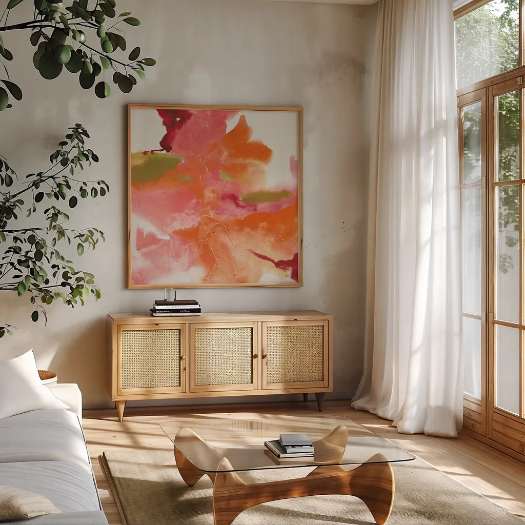 Thoughts of Spring I by Chris Paschke. Shown in a natural wood frame in a cozy modern living room. Available as an archival giclee rolled canvas, fine art paper, or poster print. SKU 14865a.