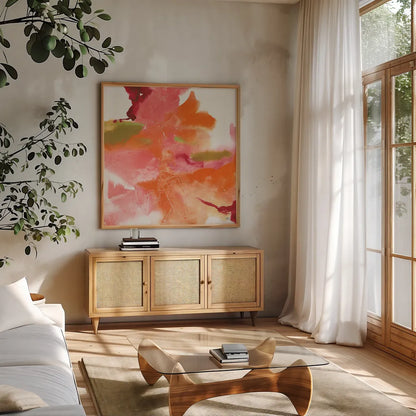 Thoughts of Spring I by Chris Paschke. Shown in a natural wood frame in a cozy modern living room. Available as an archival giclee rolled canvas, fine art paper, or poster print. SKU 14865a.