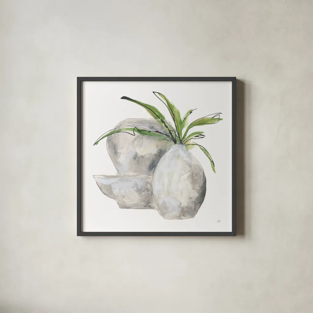 Three Vases I by Chris Paschke. Shown in a sleek black glass frame for a contemporary gallery look. Available as an archival giclee rolled canvas, fine art paper, or poster print. SKU 75145a.