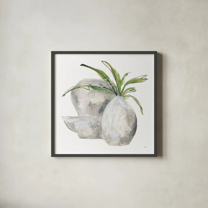 Three Vases I by Chris Paschke. Shown in a sleek black glass frame for a contemporary gallery look. Available as an archival giclee rolled canvas, fine art paper, or poster print. SKU 75145a.