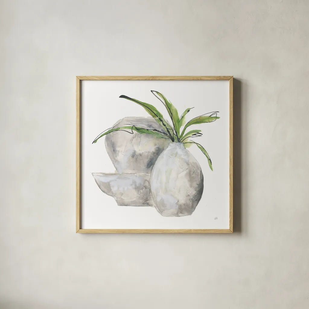 Three Vases I by Chris Paschke. Shown in a natural wood glass frame for a timeless modern aesthetic. Available as an archival giclee rolled canvas, fine art paper, or poster print. SKU 75145a.