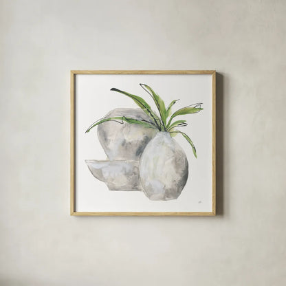 Three Vases I by Chris Paschke. Shown in a natural wood glass frame for a timeless modern aesthetic. Available as an archival giclee rolled canvas, fine art paper, or poster print. SKU 75145a.