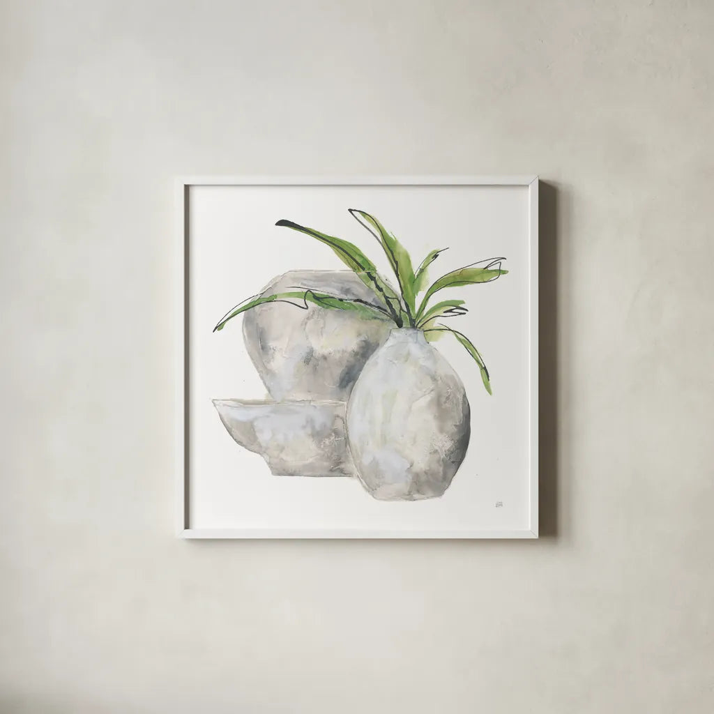 Three Vases I by Chris Paschke. Shown in a crisp white glass frame for a clean and minimalist style. Available as an archival giclee rolled canvas, fine art paper, or poster print. SKU 75145a.